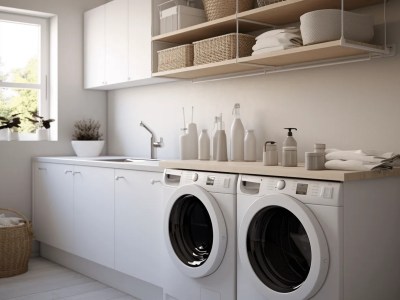 Laundry Room Designed In White With A Few Washers And Dryers To Look At