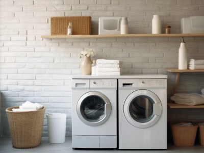 Laundry Room On White Wall With Washing Machines And Washing Supplies