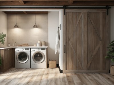 Laundry Room With A Washer, Dryer, And A Sliding Door