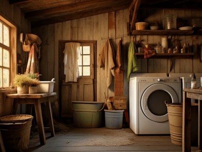 Laundry Room With A Washing Machine And Some Supplies