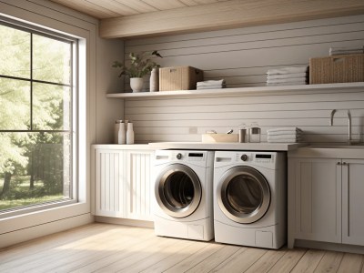 Laundry Room With A Washing Machine, Shelves, And Window