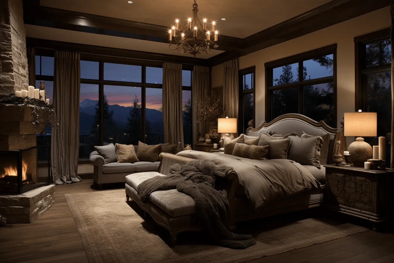 Large bedroom on top of tall trees, dark bronze and light bronze, tonalist skies, highly staged scenes, 32k uhd, soft color blending, whistlerian, renaissance chiaroscuro lighting