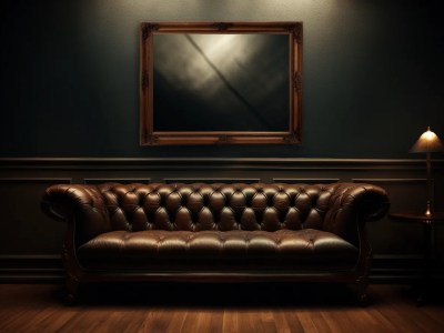 Leather Sofa Sitting In A Dark Room With A Mirror Hanging In The Window