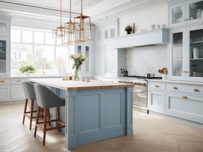 Light Blue Kitchen Is Painted And Has Beautiful Stools