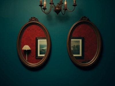 Lighting Fixtures Hanging Near Two Mirrors Over A Red Wall