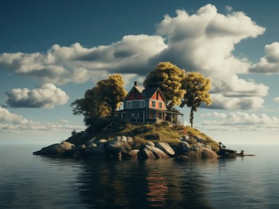 Little House On An Island In Water  3D Illustration