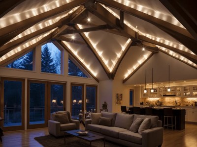 Living Room Covered In Lighting With Wood Beams