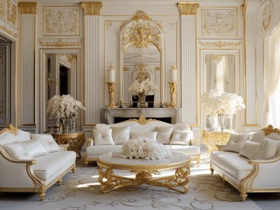 Living Room Full Of Gold And White Furniture And Decor