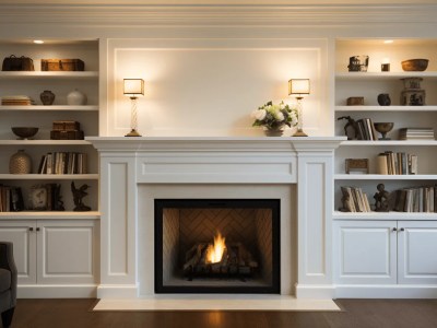 Living Room Has A White Fireplace With Shelves For Books