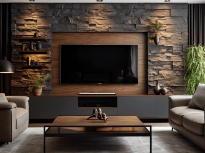 Living Room Has Modern Tv Screen And Stone Wall