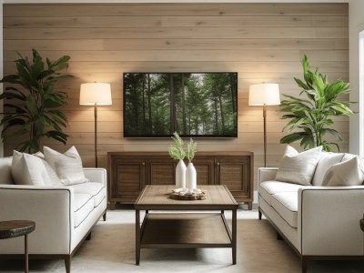 Living Room Has Wood Paneled Wooden Walls And A White Couch Behind A Large Tv