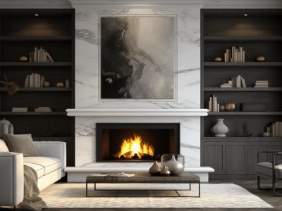 Living Room In Black And White With Fireplace And Book Bookshelves