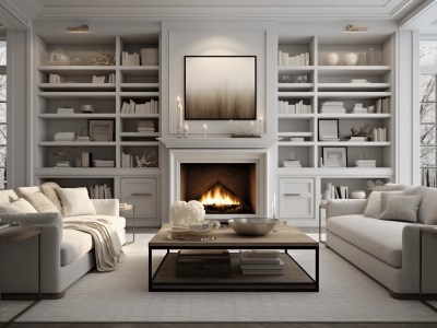 Living Room In White With Shelves And Fireplace