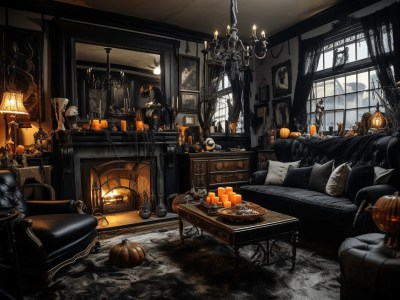 Living Room Is Decorated With Pumpkins And Candles