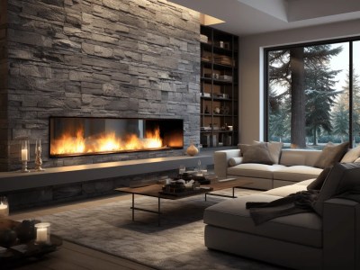 Living Room Is Shown With A Stone Fireplace