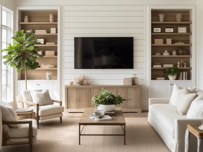 Living Room That Is White With Wooden Shelving