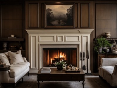 Living Room Traditional With Dark Wood Paneling, White Leather Furniture And A Beautiful Fireplace