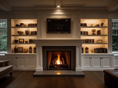 Living Room With A Fire Place And Fireplace That Has Bookshelves Built Into The Mantle