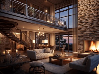 Living Room With A Fireplace, Rock Wall And Stairways