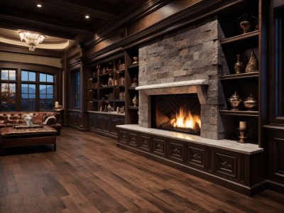 Living Room With A Large Fireplace And Wooden Shelves