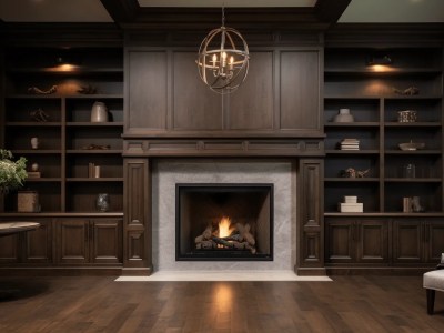 Living Room With An Elegant Fireplace And Bookshelves