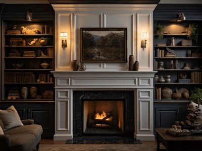 Living Room With An Elegant Fireplace And Built In Bookshelves