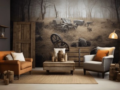 Living Room With An Old Tractor And Black And White Furniture