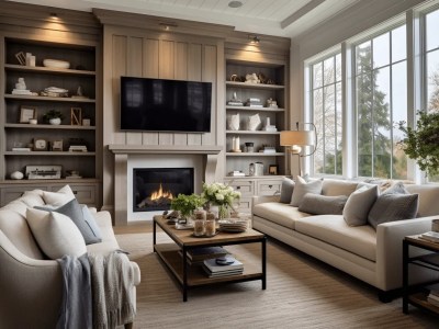 Living Room With Beige Furniture And A Fireplace