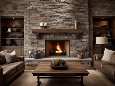 Living Room With Brown Furniture And A Stone Fireplace