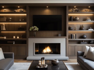 Living Room With Fireplace, Tv And Bookcases