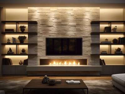 Living Room With Slatted Walls And Shelves Above A Fireplace