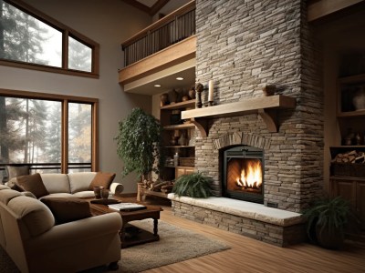 Living Room With Stone Fireplace Surrounds