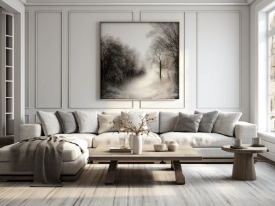 Living Room With White Walls, Big Picture And Furniture