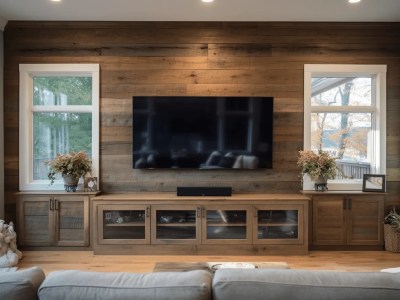 Living Room With Wooden Walls, Hardwood Flooring And A Television