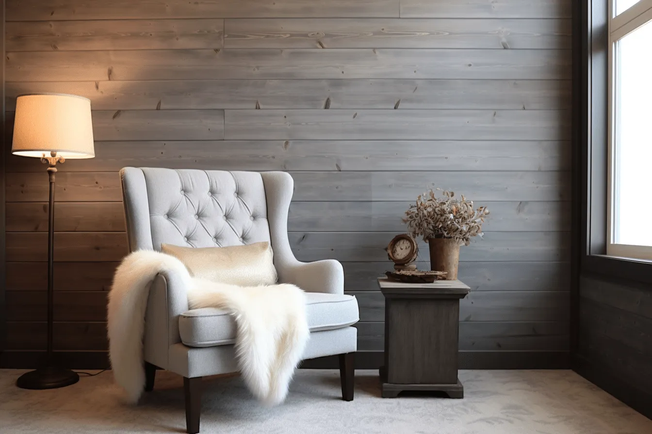 White chair with white fur, narrative paneling, light indigo and dark bronze, photorealistic rendering, rustic americana, dark gray and gray, 32k uhd, serene and peaceful ambiance