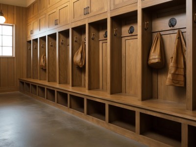 Locker Room Has Brown Wood And One Hanging