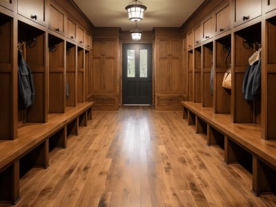 Locker Room Is Very Spacious With Lots Of Open Wooden Storage