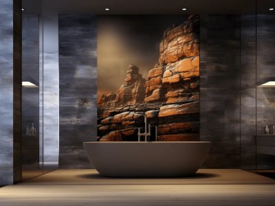 Luxury Bathroom With Large Stones On The Wall Of The Bathtub