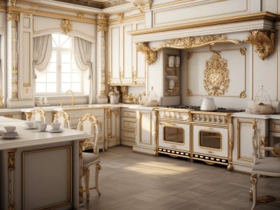 Luxury Kitchen Design Is Shown With Gold Decor