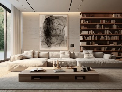 Luxury Minimalist Furniture Living Room With A Tan Couch And Book Case