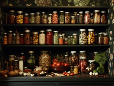 Many Jars From Fresh Vegetables Or Herbs Are Arranged On The Shelf