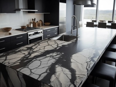 Marble Kitchen Counter In A Black And White Space