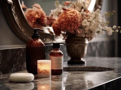 Marble Table Top With Soap, Candles And Flowers In The Bathroom