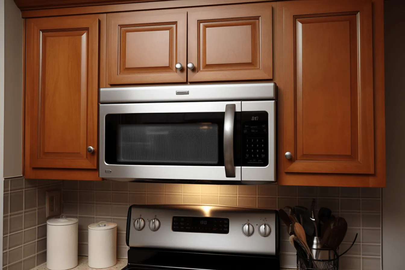 Wooden cabinets in a kitchen, fujifilm eterna 250d, hyperrealistic precision, vignetting, whirring contrivances, metallic rotation, milleniwave, precisionist style