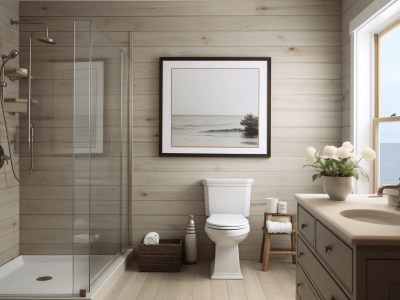 Modern Bathroom Is Shown With Wooden Walls