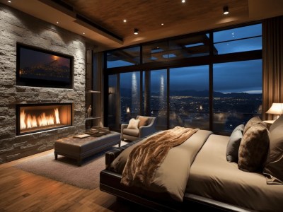 Modern Bedroom Is Lit With A Fireplace And The Sky Is Visible