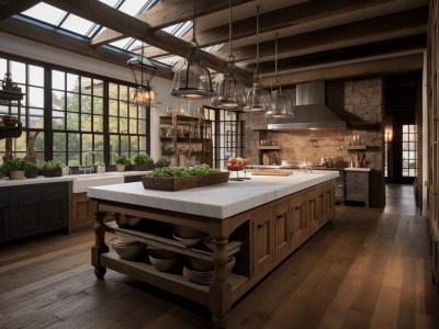 Modern Farmhouse Kitchen Uses Wood, Glass, And  Beams