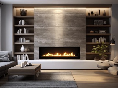 Modern Fireplace In A Living Room With Bookshelf And Fireplace On Side