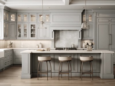 Modern Kitchen With Grey Cabinets And Stools