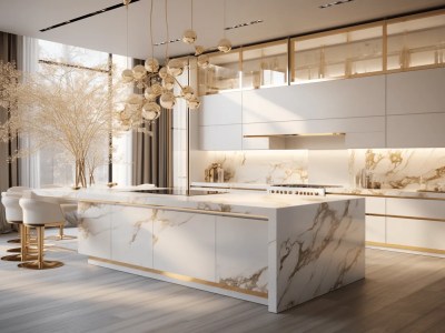 Modern Kitchen With White Marble Counter And Gold Lighting